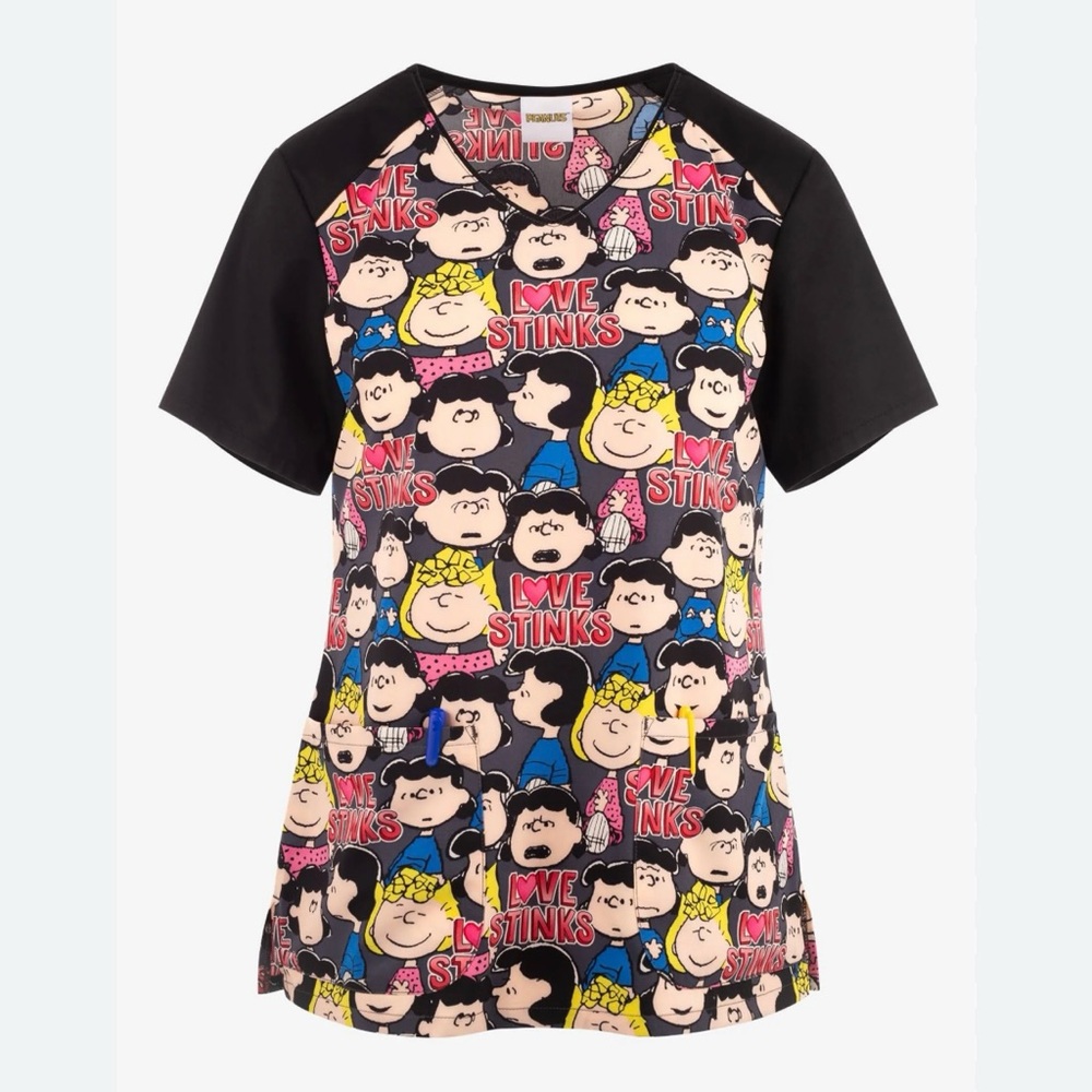Tooniforms Women’s Peanuts Love Stinks 2-Pocket V-Neck Print Scrub Top. NWT
